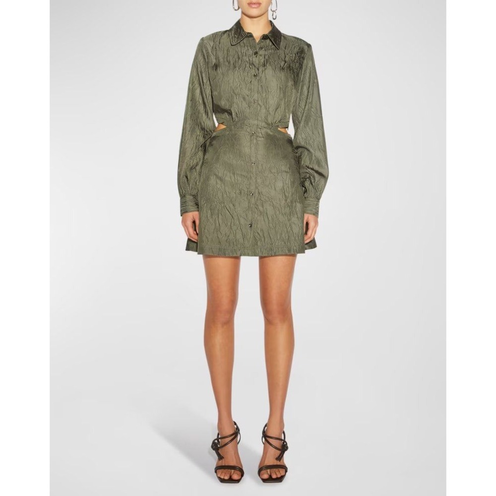 Jonathan Simkhai Baylor Long Sleeve Cut-Out Crinkled Mini Dress Green Medium
